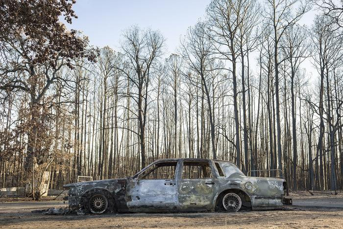 Car Burned by Wildfire, East Bastrop, Texas, USA by Carolyn Monastra