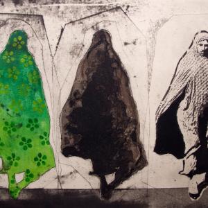 Three Women in Green Pattern by Nahid Hagigat